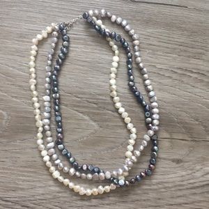 Triple strand white and gray pearl necklace
